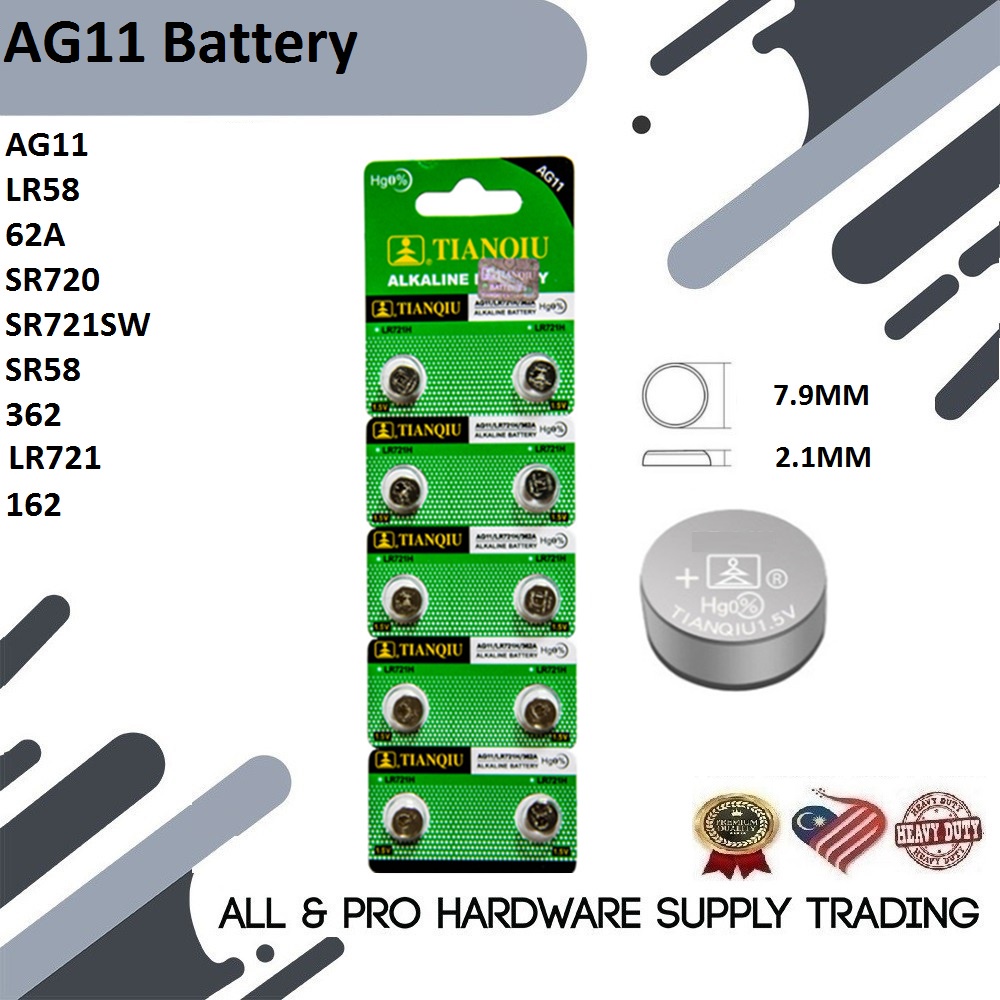 AG11 LR58/62A/SR720/SR721SW/SR58/362/162/LR721 Alkaline Batteries Button Cells