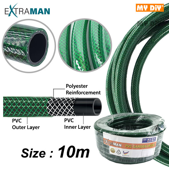 MYDIYHOMEDEPOT EXTRAMAN 10M REINFORCED PVC RUBBER GARDEN HOSE GREEN
