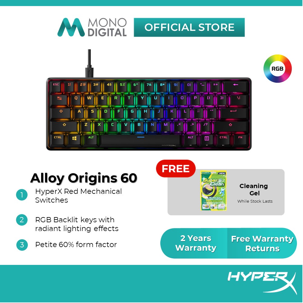 HyperX Alloy Origins 60 RGB LED Mechanical Gaming Keyboard (HyperX Red Switches) - HKBO1S-RB-US/G (Free Cleaning Gel)