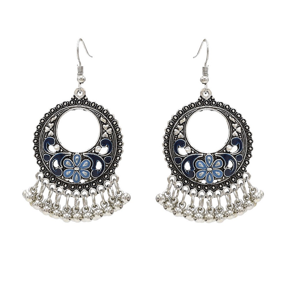 Indian Vintage Antique Leaves Tassel Ear Hook Stud Earrings Blue Crystal for Women