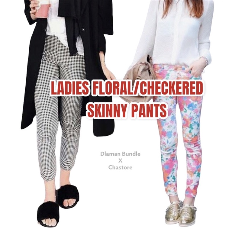 LADIES SKINNY FLORAL CHECKERED PANTS_LADIES COTTON PANTS ( SELUAR