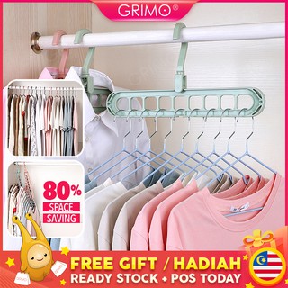 READY STOCK💝GRIMO Multislot Cloth Hanger Multi-function Clothes Hanger Folding Magic Wardrobe Home Storage Rotate hl1172
