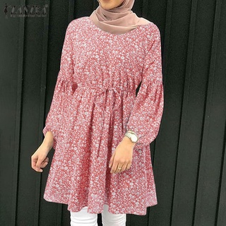 ZANZEA Women Muslim Elegant Casual Long Sleeve O Neck Lace Up Floral Printed Blouse #7
