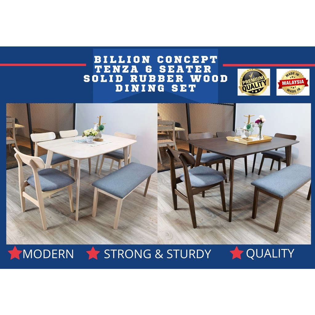 6 Seater Solid Rubber Wood Dining Set, Dining Room Table Made In Malaysia