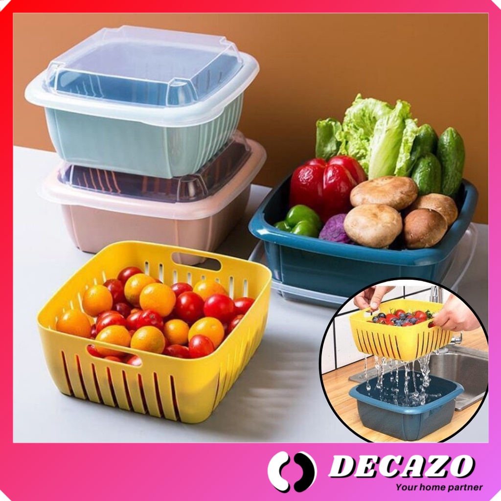 2 In 1 Kitchen Storage Wash Basket Set Double Layer Tupperware Drainage 