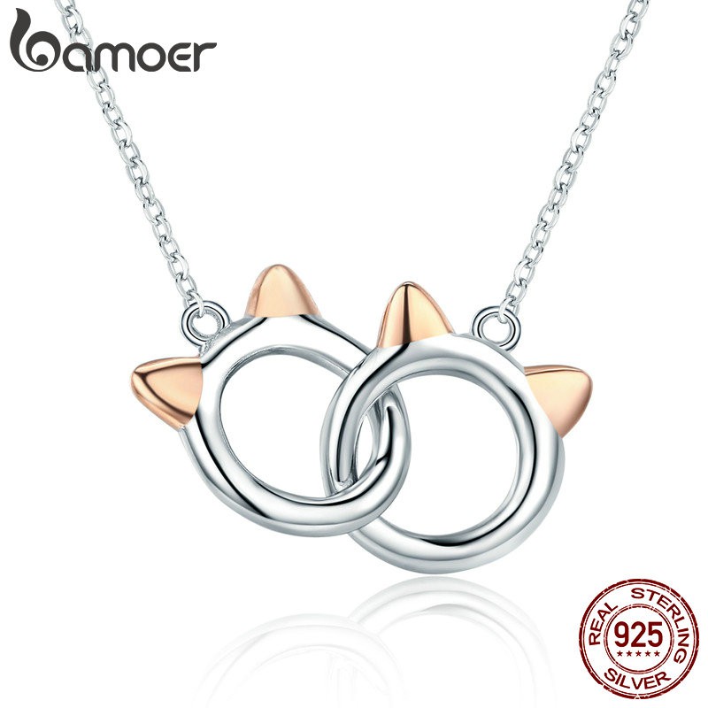 Bamoer 925 Silver Chains Pet Cat Handcuffs Animal Pendant Necklace