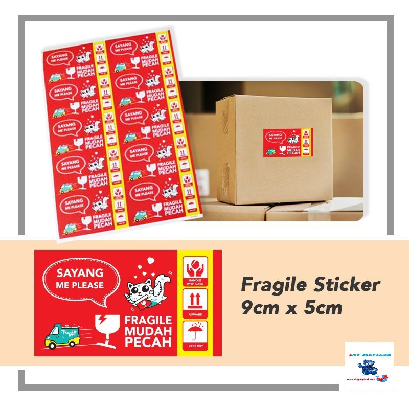 Ready Stock Malaysia 10 100 Pieces Aceve Cat 9 X 5 13 X 7cm Fragile Sticker Handle With Care Mudah Pecah Warning Label