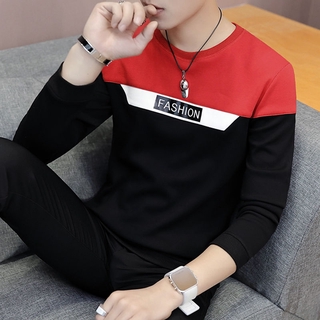 💥high quality💥T-shirt men's color matching Sweatshirt slim t-shirt t-shirt men's Long Sleeve Top Black Red
