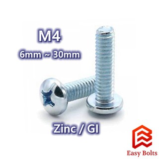 Zinc / GI Pan Head Machine Screw M4 x 6mm ~ 30mm (Coarse Thread Pitch 0.7mm) (Phillips PH MC Bolt)