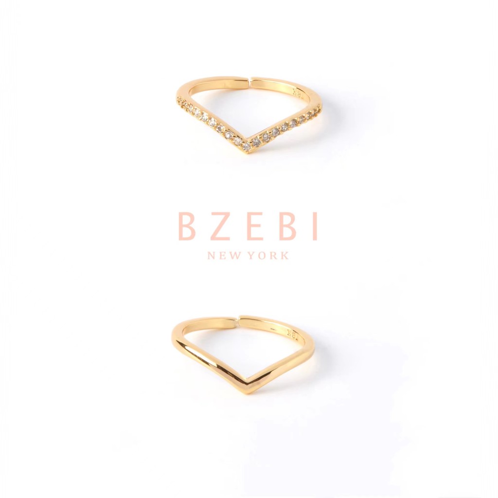 BZEBI Gold Plated VShape Ring V Ring Adjustable Full Diamond Unique