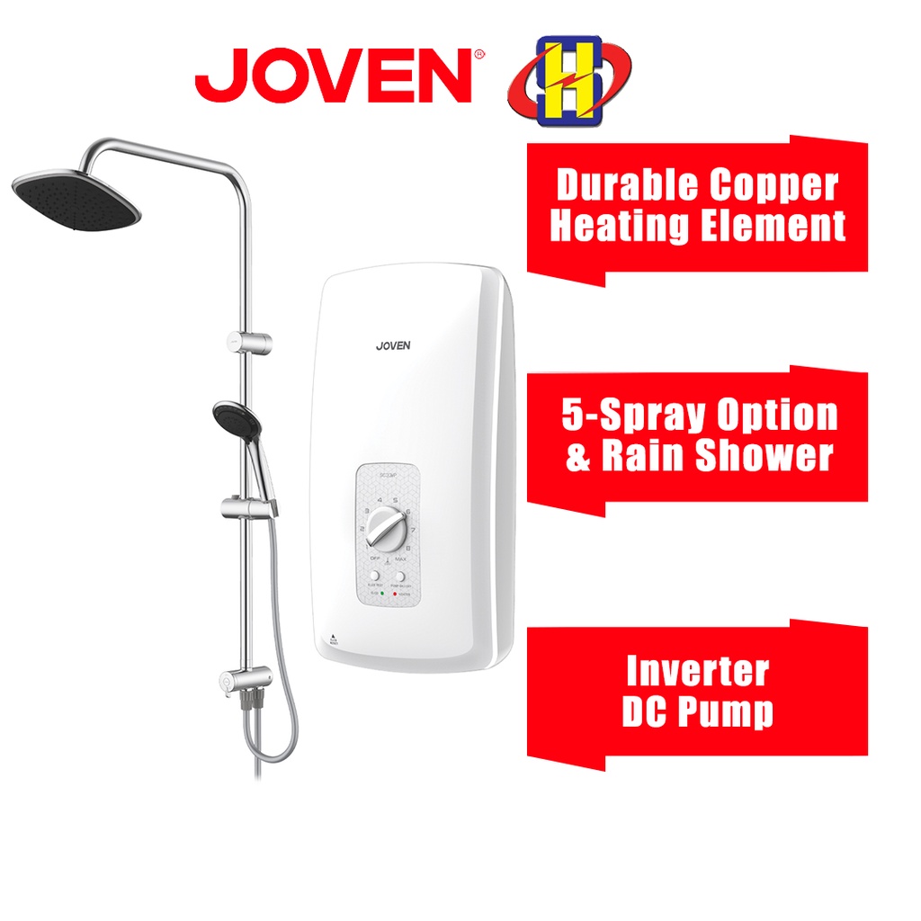 Joven Instant Water Heater (DC Pump/Rain Shower/White) Inverter SC33 Series 5-Spray Pattern Showerhead SC33iP-RS