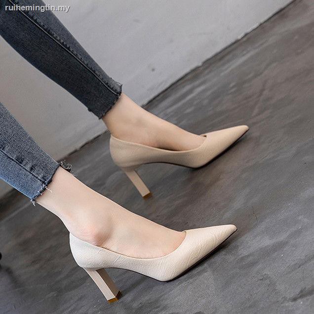 ۩✟High heels 2021 autumn new pointed thick heel single shoes women soft leather comfortable mid-heel professional formal wear working s