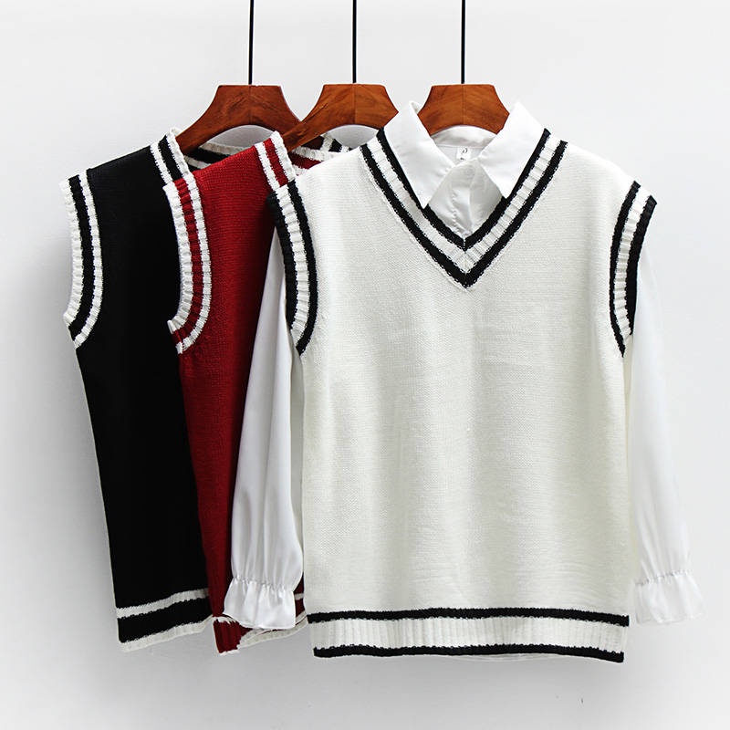 V-neck sleeveless short vest Knitted Vest Sleeveless women's vest Women Knit Vest Korean style new preppy style sweater vest women's loose all-matching striped student V-neck sweater vest women's top