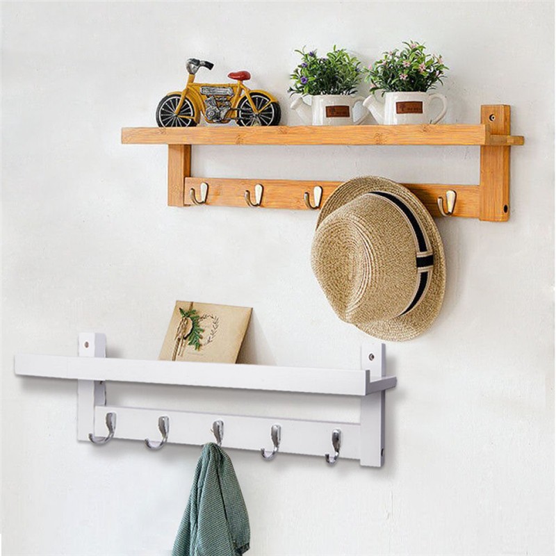 Wooden Decorative Rack Shelf Wall Hanging With 5 Hooks Coat Key