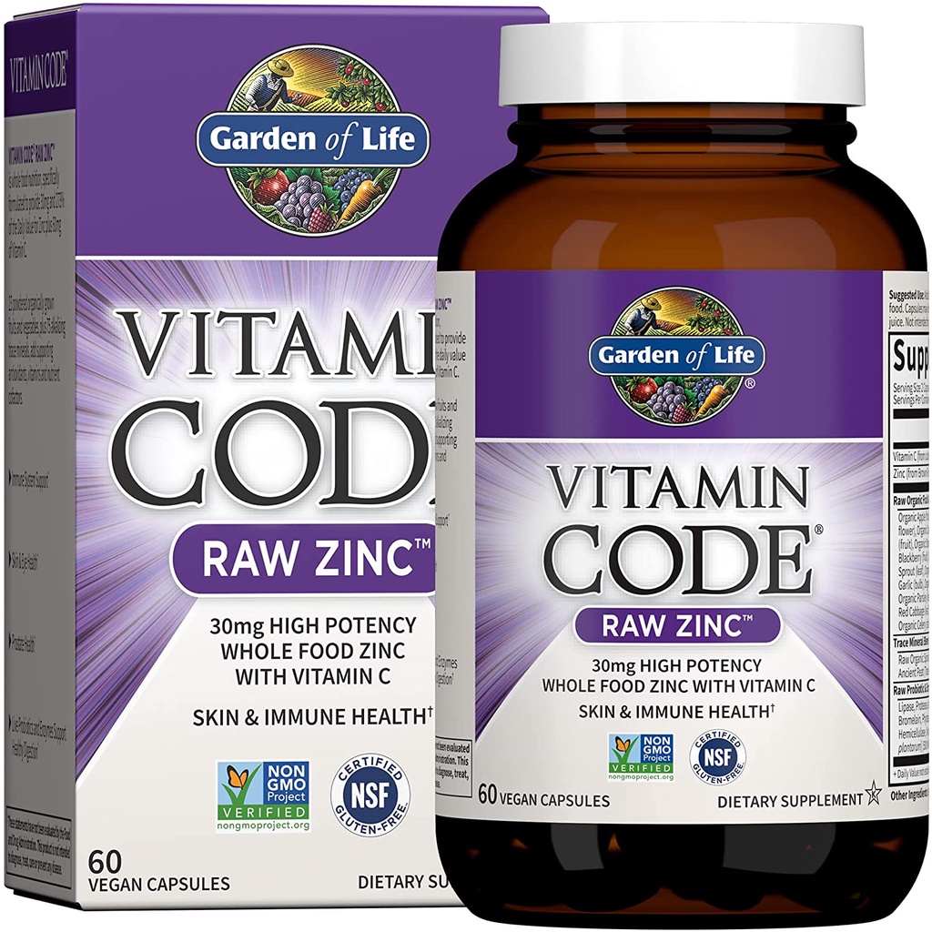 JAR of 60 ZINC ZINC PILLS - VITAMIN C, Garden of Life VITAMIN CODE, Raw - 30mg Whole Food - NonGMO - Vegan, BEAUTIFUL SKIN