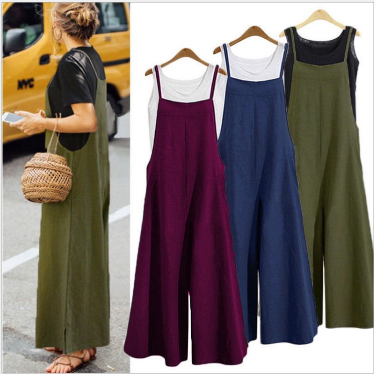7 Color Women Ladies Casual Loose Solid  Long Suspender Jumpsuit  Sleeveless Oversized Overalls Bib Wide Leg Pants Autumn Summer