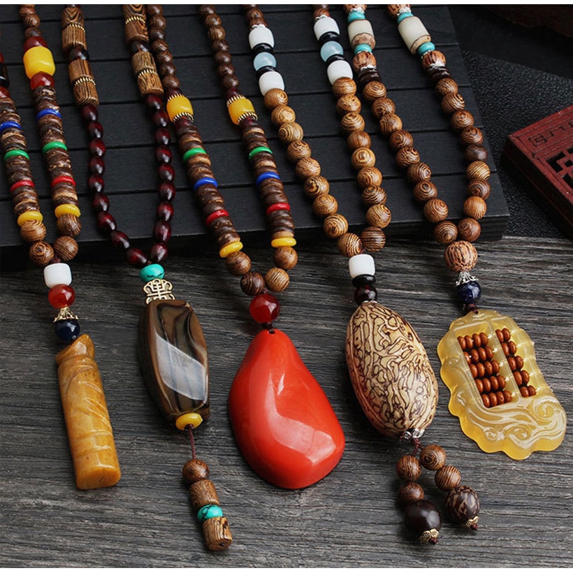 Ready Stock Retro Wood Bead Necklace,Lady's Sweater Necklace,Chinese Lucky Necklace,Jewelry Accessories,Souvenir