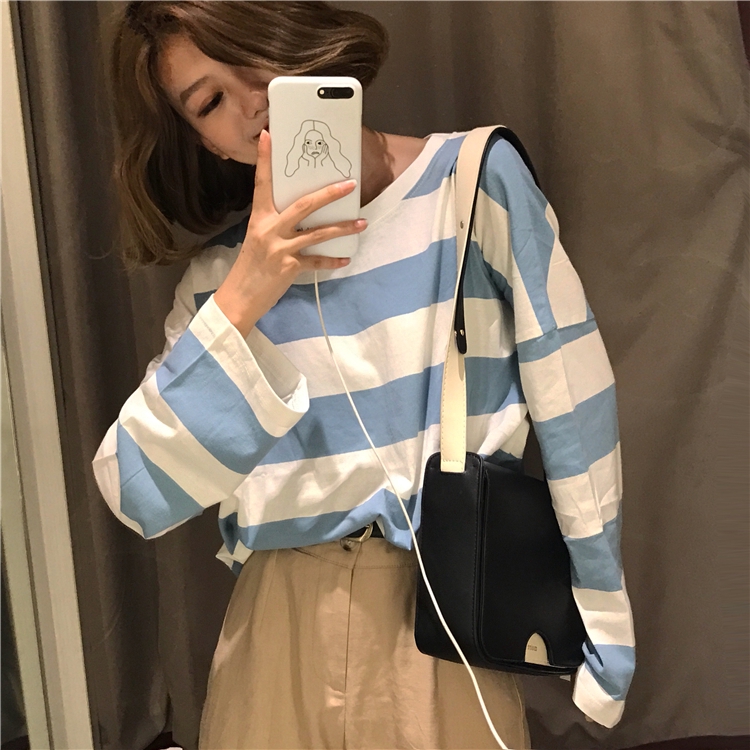 Korean House2020 early autumn new Korean version of women clothes loose and wild color matching stripes long-sleeved T-shirt tops Baju Murah