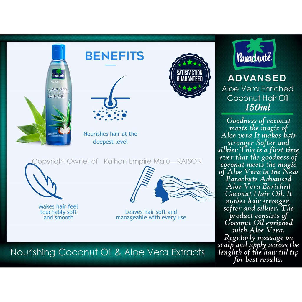 Parachute ADVANSED Aloe Vera Enriched Coconut Hair Oil 150ml | Shopee  Malaysia