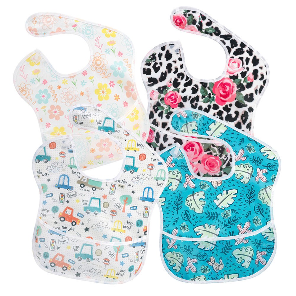 Baby Waterproof Bib with Crumb Catcher Pocket， Comfortable Soft
