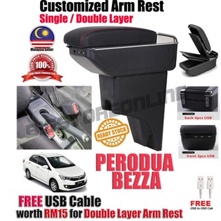 PERODUA BEZZA Arm Rest ABS PU Leather ArmRest Compartment USB LED 2 Layer Tempat Letak Tangan Kereta Kusyen