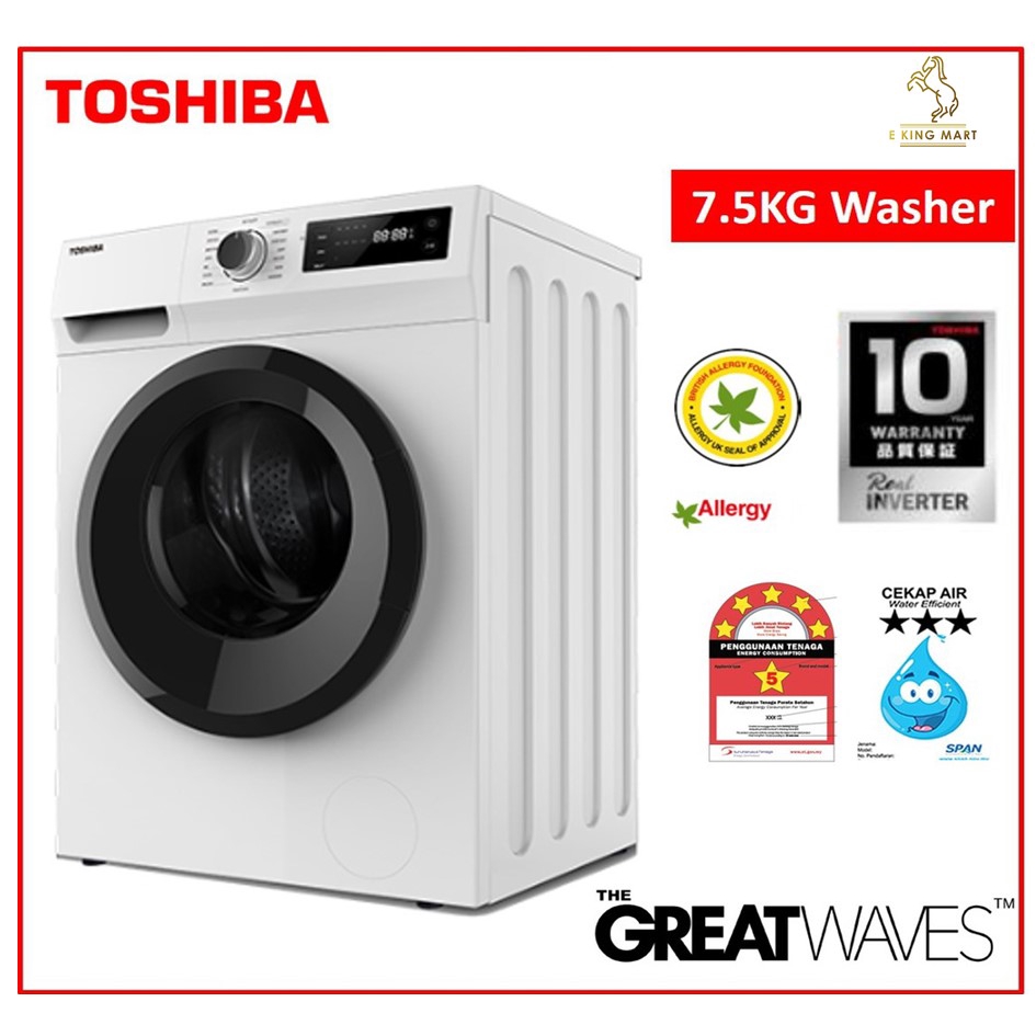 TOSHIBA Front Load 7.5KG Washing Machine THE GREATWAVES Inverter TWBH85S2M Mesin Basuh Jenis