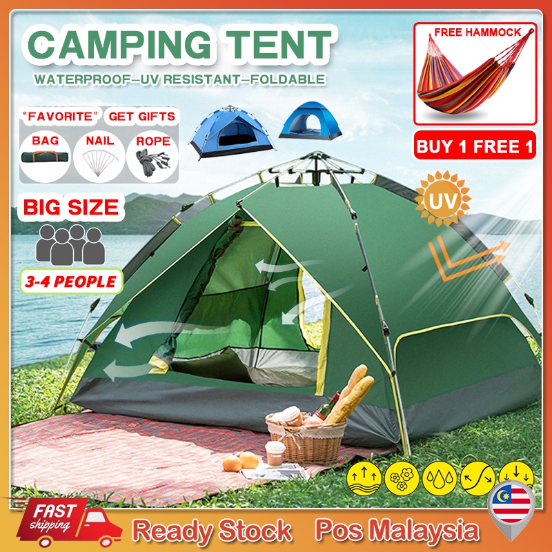 【Waterproof】 Khemah Camping Tent 3/4 Person Outdoor Tent Fast Pop Up