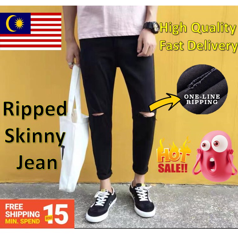 Fashion Men & Women Ripped Skinny Jeans Seluar Jeans Skinny koyak di ...