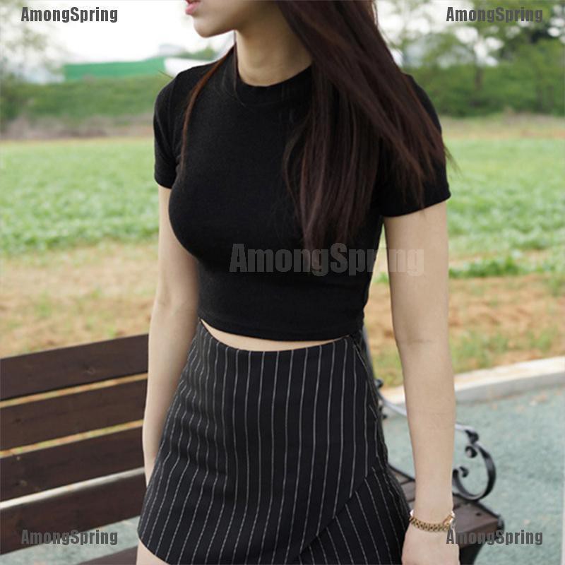 AmongSpring✿ Women's Casual Solid Round Collar Short Sleeve Short T-Shirts Tees Crop Tops