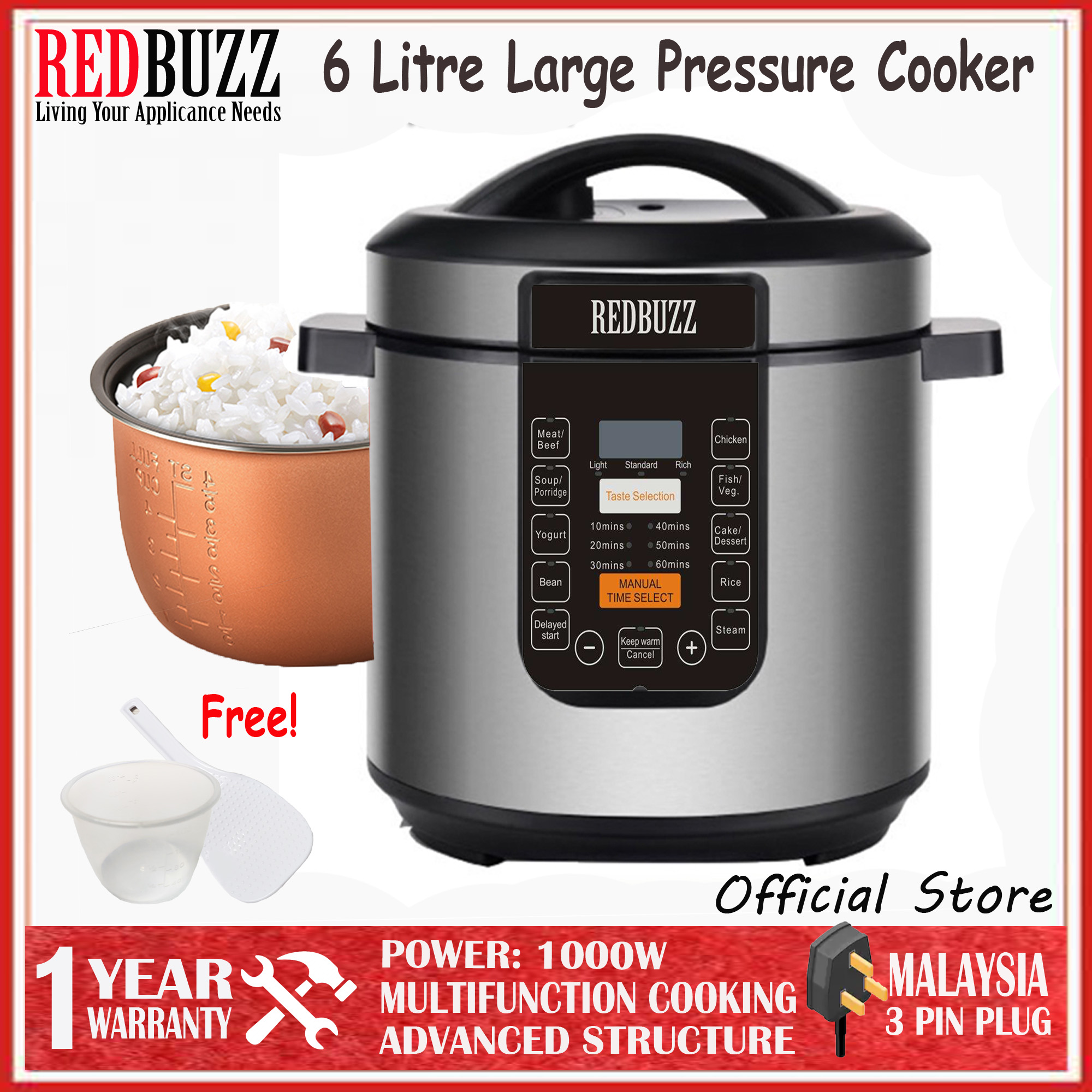 REDBUZZ Electric Pressure Cooker 6.0L Large Capacity Cooker Pot ...