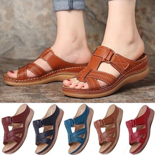 【Ready Stock】Women Wedge Sandals Retro Light Carved Hollow Open Toe Sandal Ladies Buckle Strap Vintage Anti-slip Slippers
