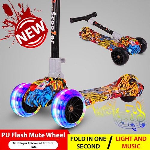 READY STOCK - New Design Children's Scooter Foldable Adjustable Handle Easily Control Have Music And Light