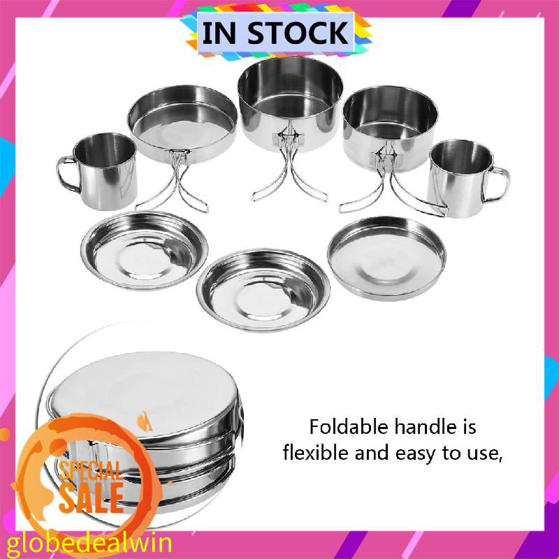 Outdoor 4pc Stainless Steel Camping Cookware Cooking Picnic Bowl Pot Pan Set New