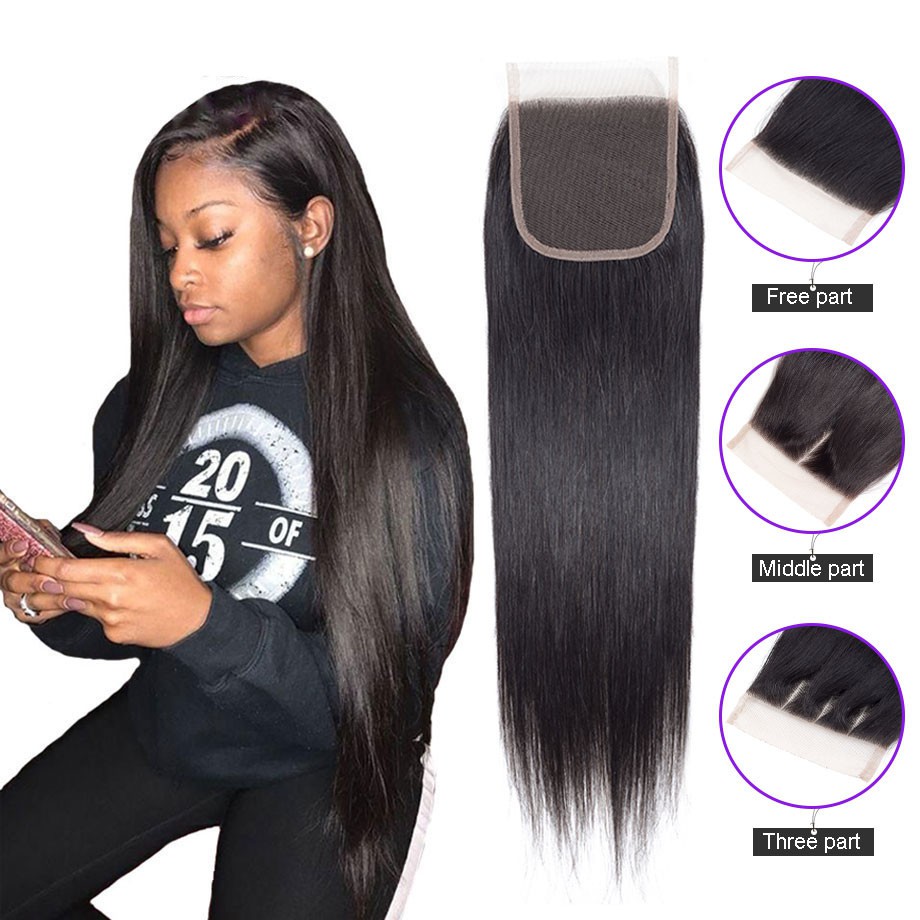 4 X 4 Brazilian Closure Straight Human Hair Free Middle Three Part