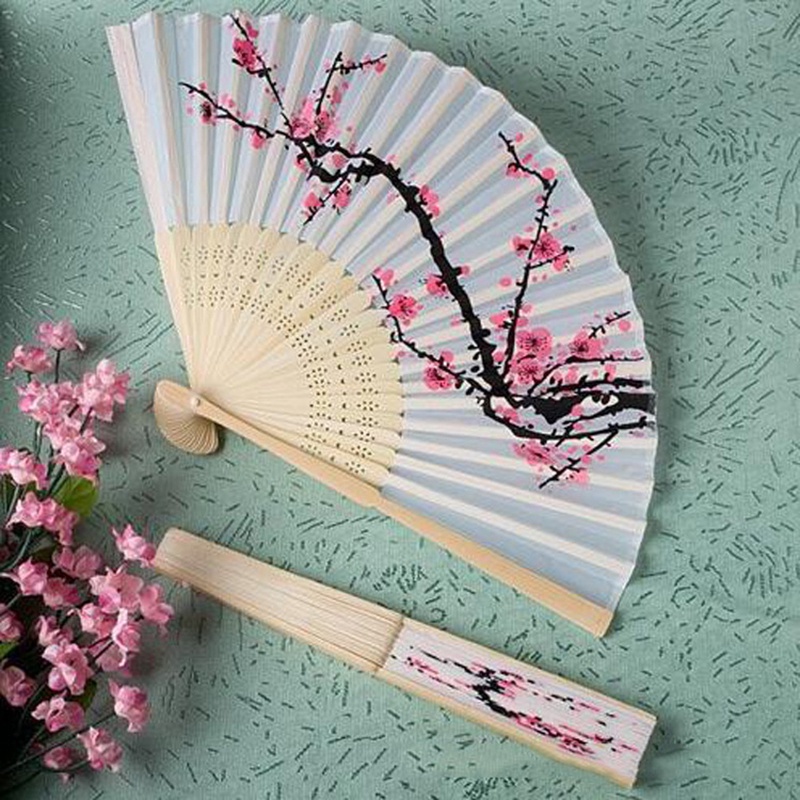 Summer Vintage Bamboo Plum Blossom Folding Fan Hand Held Flower Silk Fan Home Party Decor Wedding Gifts