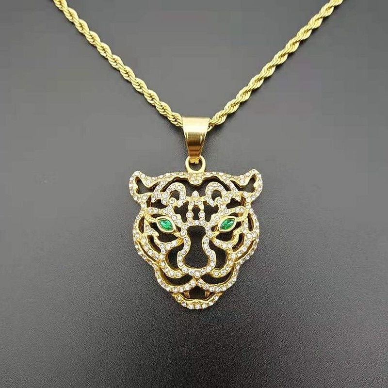 Vintage Hip Hop Men's Fashion Stainless Steel 18K Zircon Emerald Tiger Head Pendant Necklace Party Jewelry Accessories