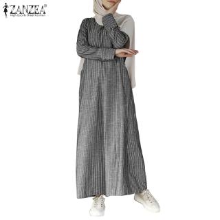 Image of ZANZEA Women O-neck Striped Long Sleeve Pockets Muslim Dress