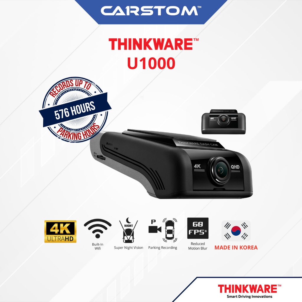 Thinkware U1000 2CH Car Dashcam 64GB SD 4K UHD Front/2K Rear Cam, WiFi