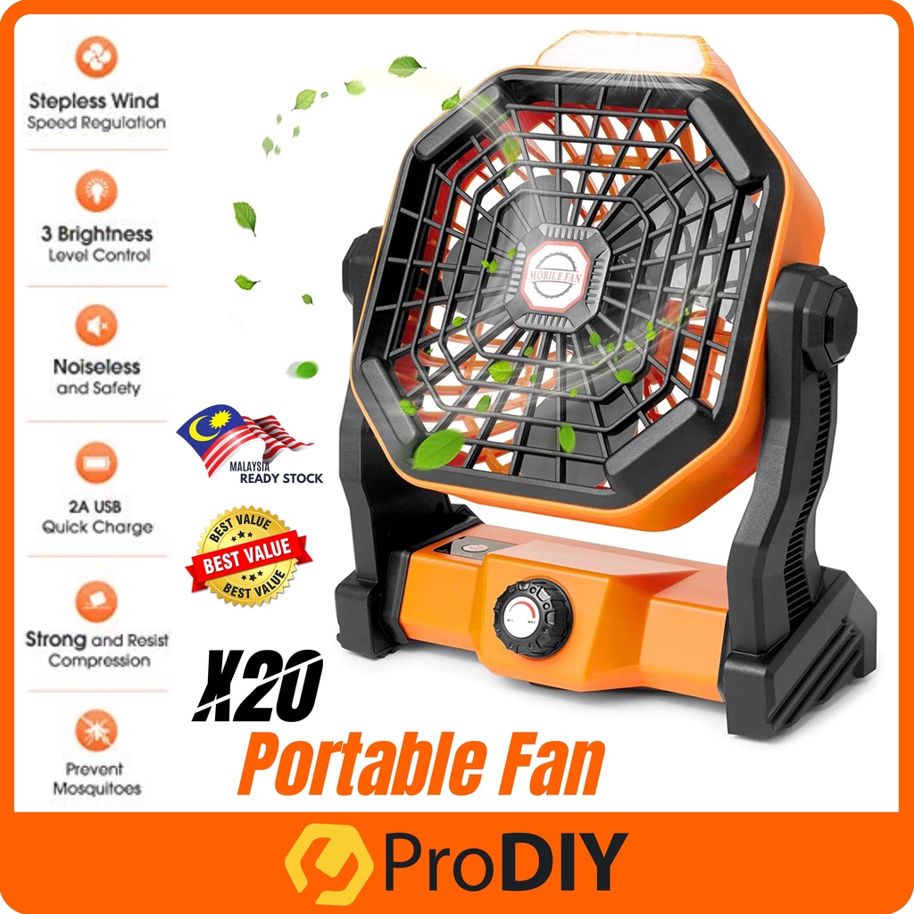 3 in 1 Portable USB Rechargeable Fan with LED Light Hanging Tent Lamp Outdoor Camping 7800mAh Battery Kipas ( X20 )