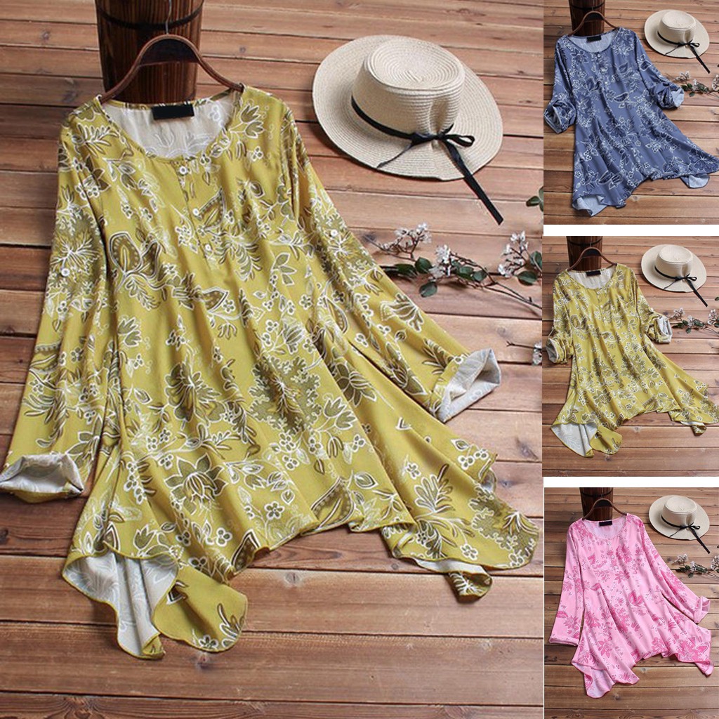 L 5XL Women Blouse Vintage Floral Baju Irregular Hem Tops L 5XL Women Blouse Vintage Floral Baju Irregular Hem Tops