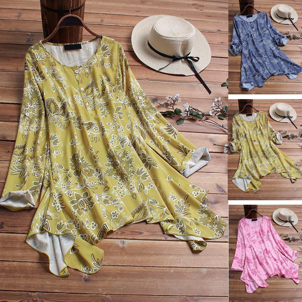 L 5XL Women Blouse  Vintage Floral Baju  Irregular Hem Tops 