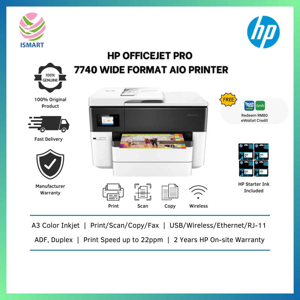 HP AIO Printer OfficeJet Pro 7740 ( Print, Scan, Copy, Fax, ADF, Duplex