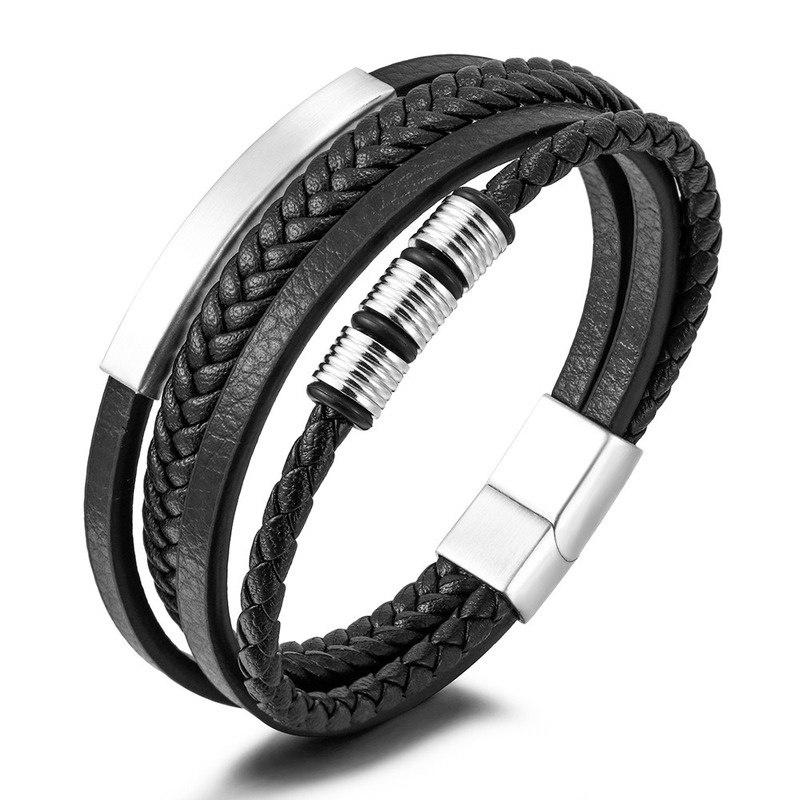 Vintage Men's Stainless Steel Leather Woven Bracelet for Fashion Accessories