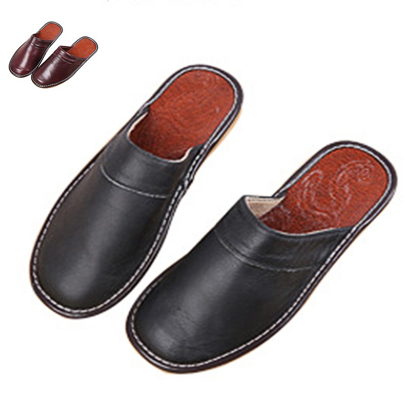 Men S Home Slippers Shoes Luxury Leather Closed Toe Indoor House Slippers
