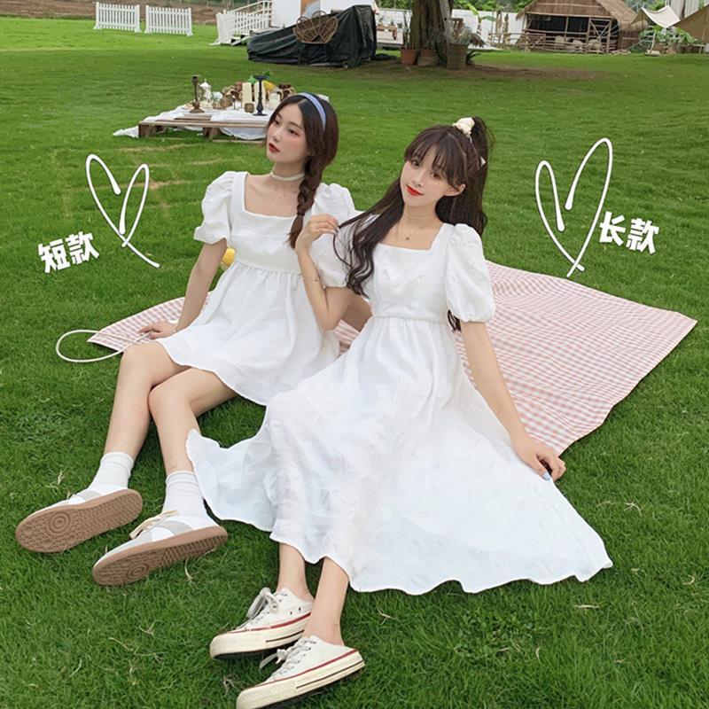 【Ready Stock】Summer 2021 new style Korean version of the western style square neck puff sleeves small white dress white dress female small girlfriends dress first love dress dress