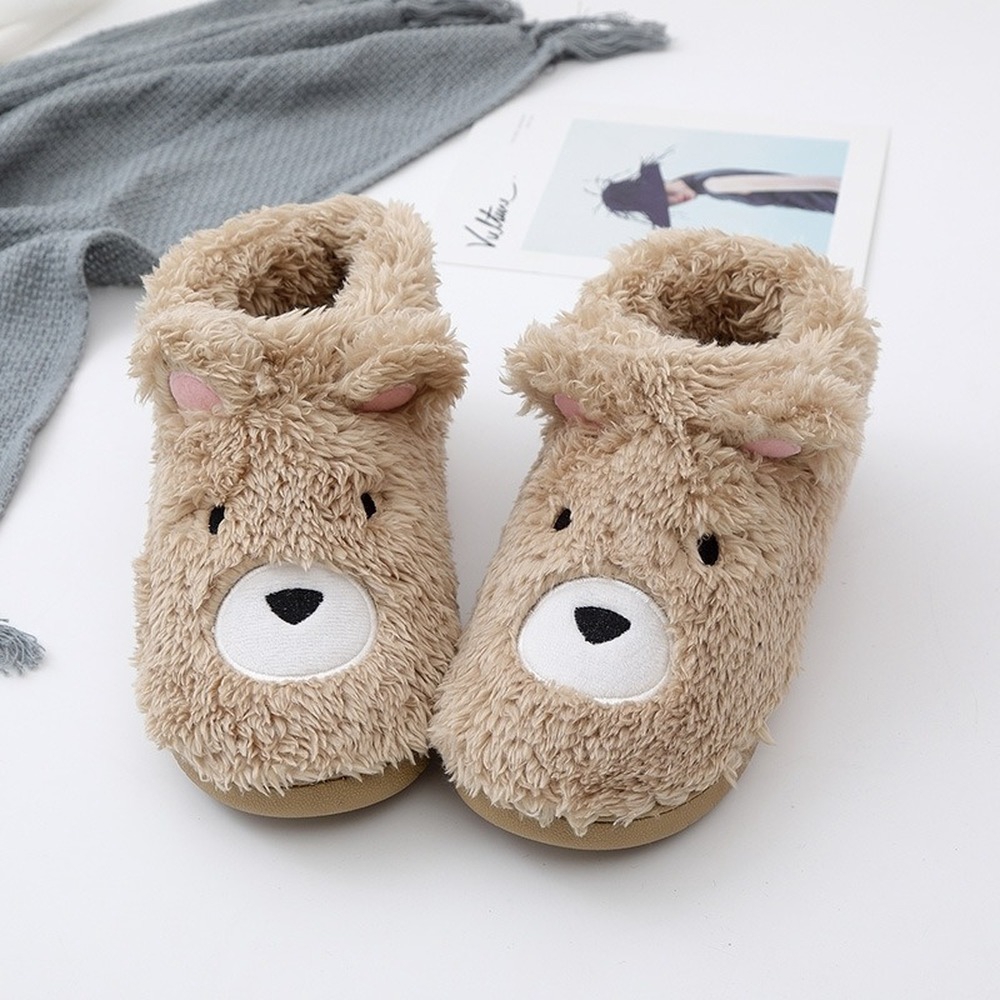 New Cute Brown Slippers For Women Family Warm Home Shoes Kids Winter Plush House Slippers For Female Selipar