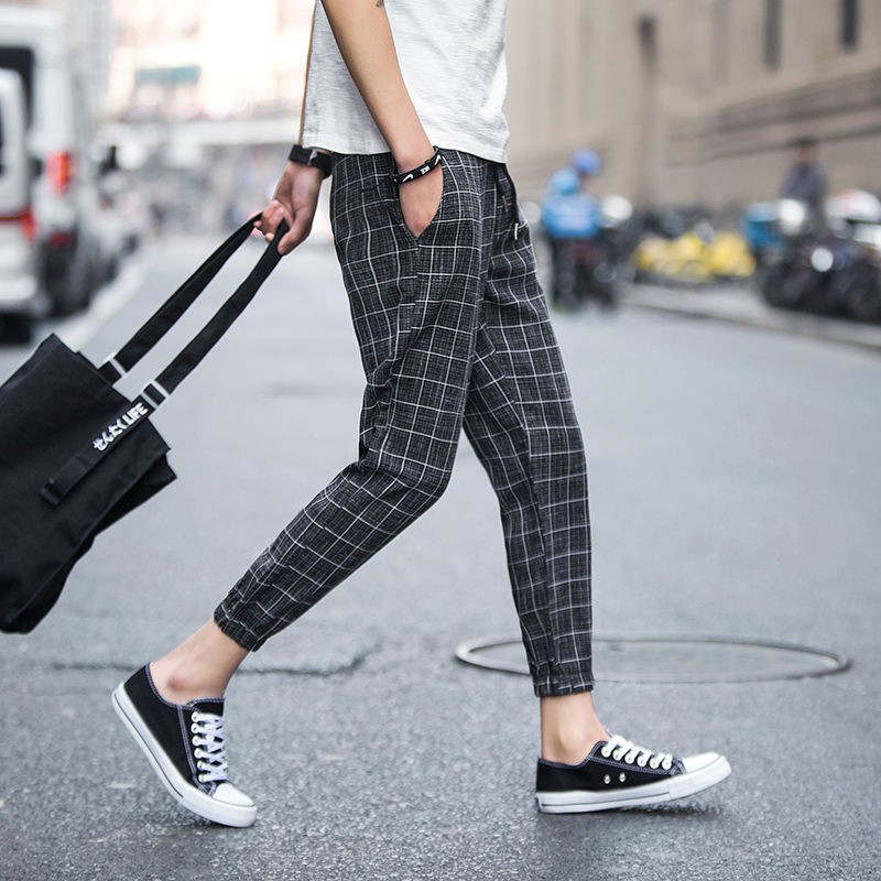 mens casual street plaid pants