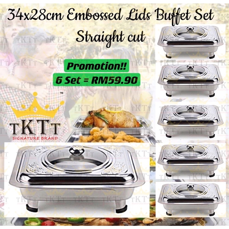 TKTT 6 Set 34x28 Embossed Stainless Steel Buffet Set Catering Serving Tray Food Pan Warmer Bekas Lauk Katering Serbaguna