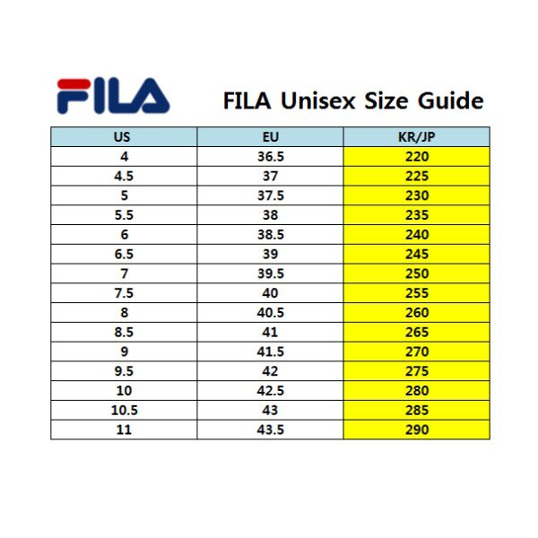 fila slides size chart