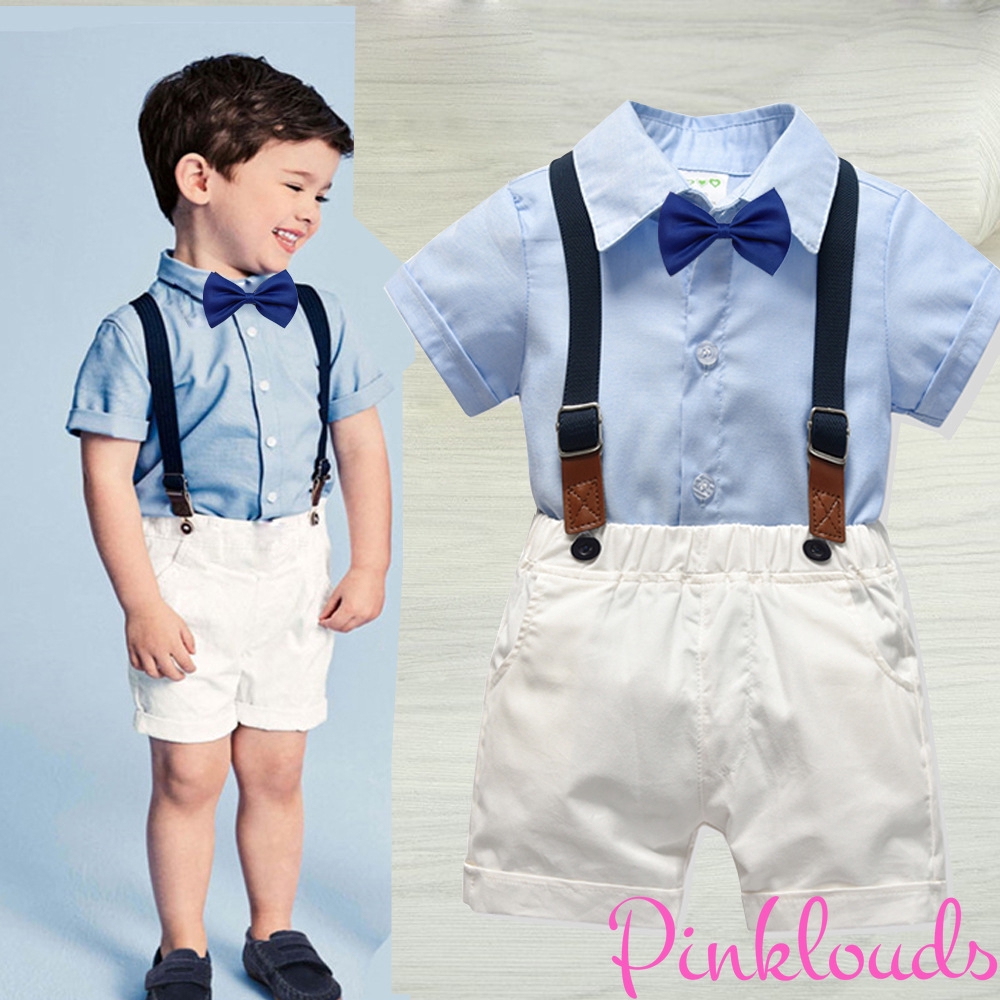 Kimocat Gentleman Suspender Outfits Suit for Toddler Boys 2Pcs Woven Shirt and Shorts with Straps 